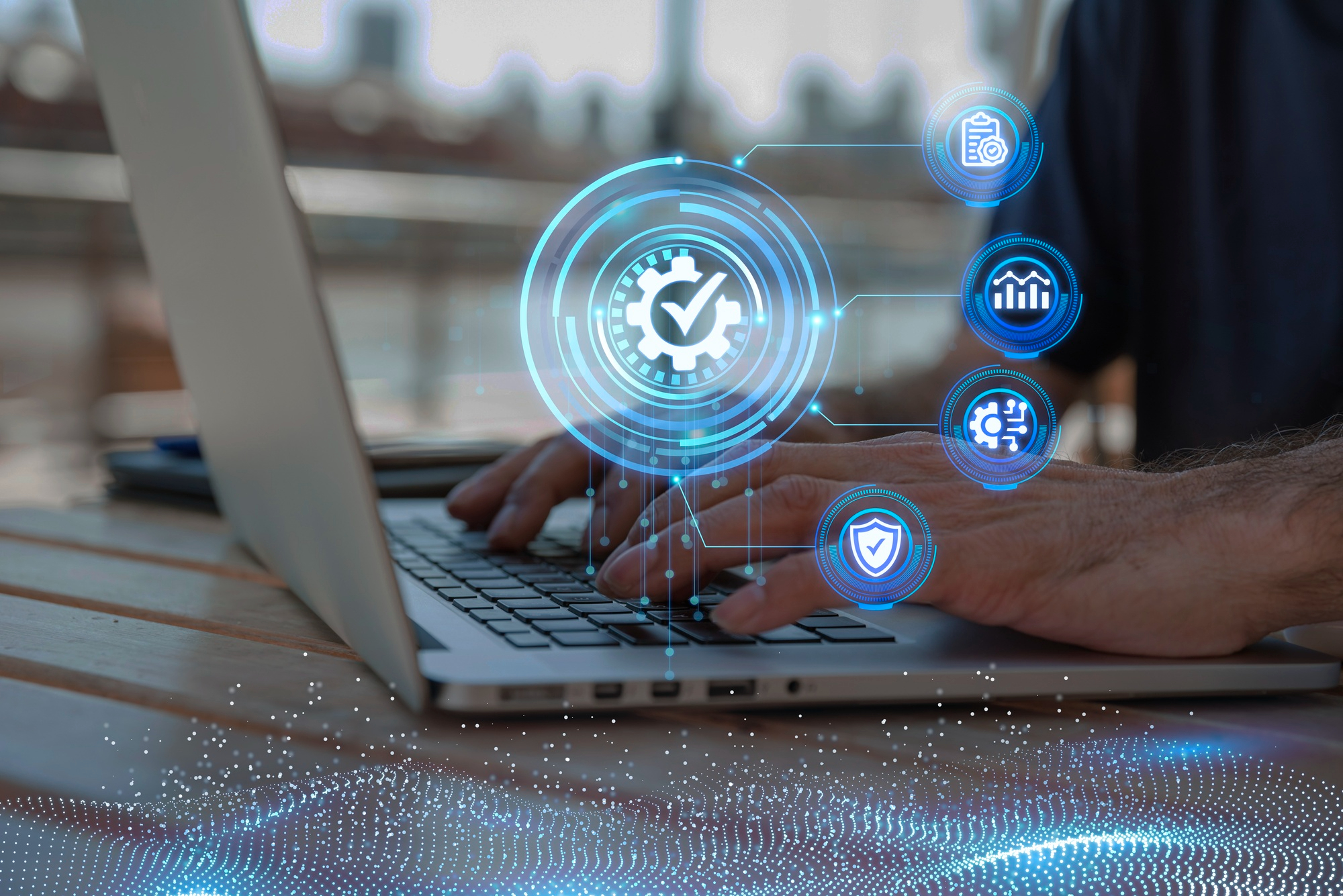 A person typing on a laptop with glowing digital icons representing effective testing strategies like quality assurance, security, and automation, symbolizing smart and efficient software testing.