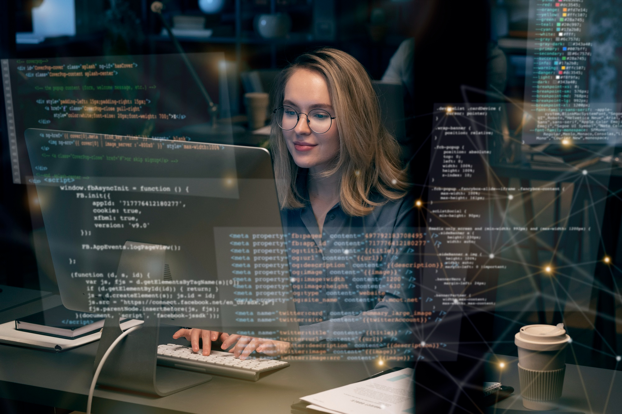 A professional female developer working on a computer in a modern office environment, with lines of code and digital network graphics overlaid, representing custom web application development services.