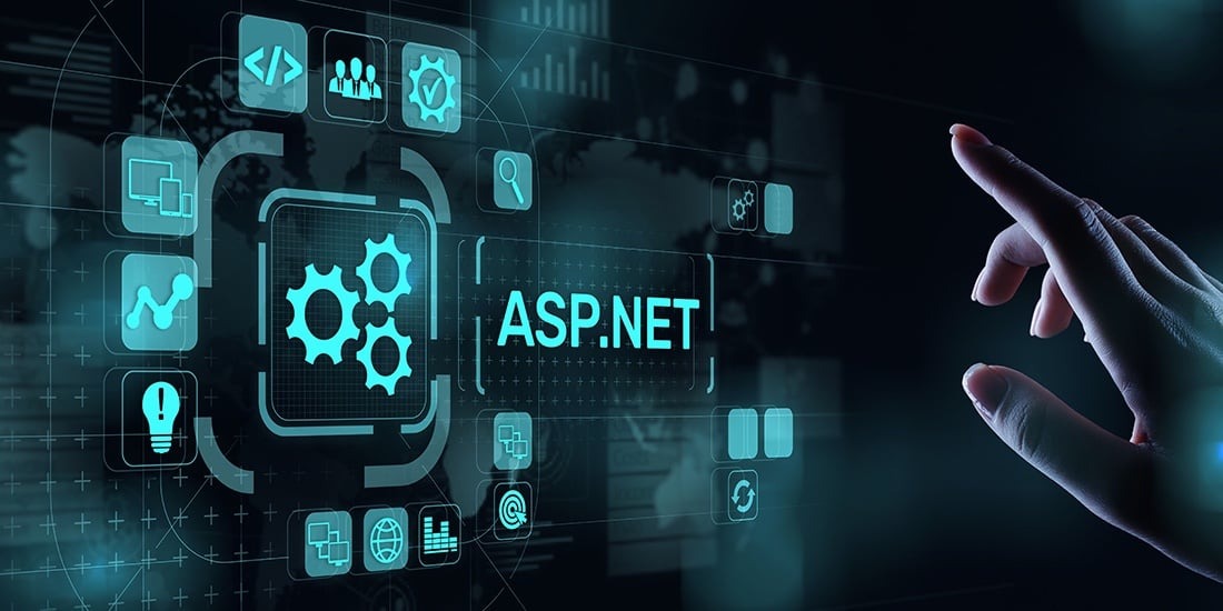 ASP.NET web development concept with futuristic digital icons representing coding, security, cloud computing, and business growth.